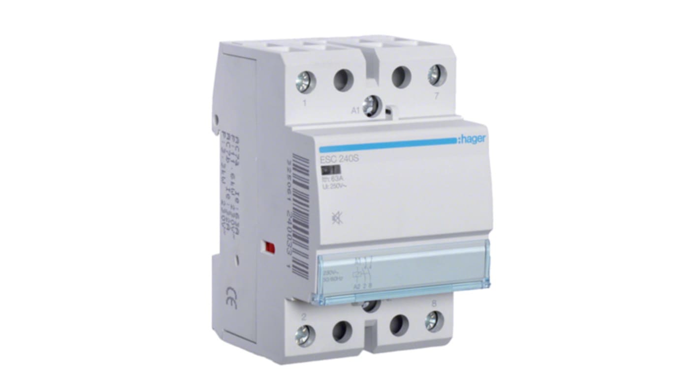 Hager ESC Series Contactor, 230 V ac Coil, 2-Pole, 40 A, 6.5 kW, 2NO, 400 V ac