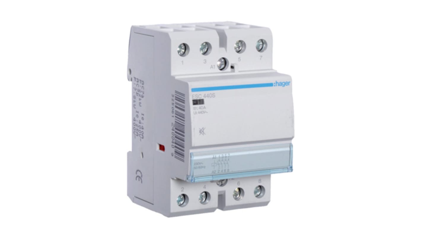 Contactor Hager System M Pro ESC de 4 polos, 4 NA, 40 A, bobina 230 V ac, 6,5 kW