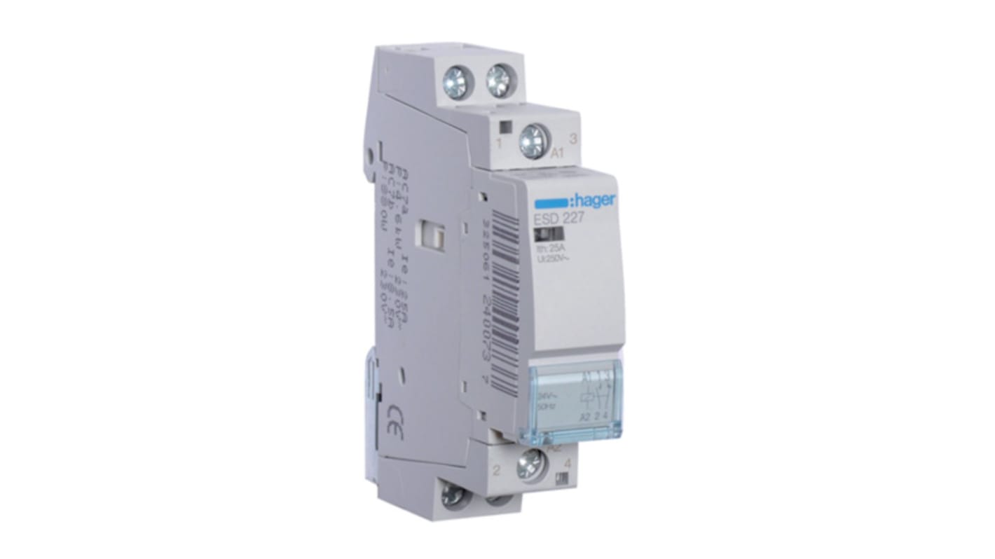 Contactor Hager System M Pro ESC de 2 polos, 1 NA + 1 NC, 25 A, bobina 24 V ac, 1,9 kW