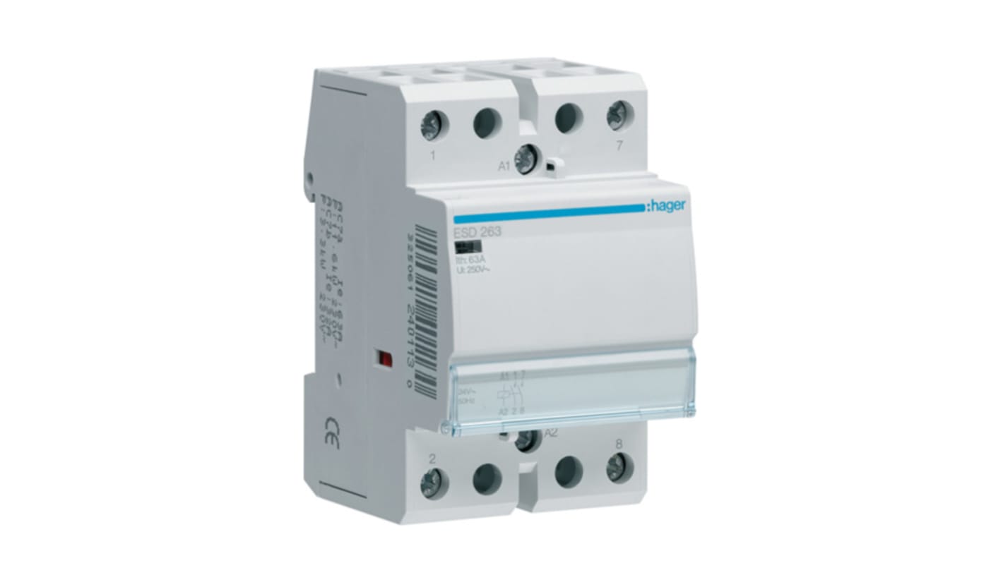 Hager System M Pro ESC Contactor, 24 V ac Coil, 2-Pole, 63 A, 6.5 kW, 2NO, 400 V ac