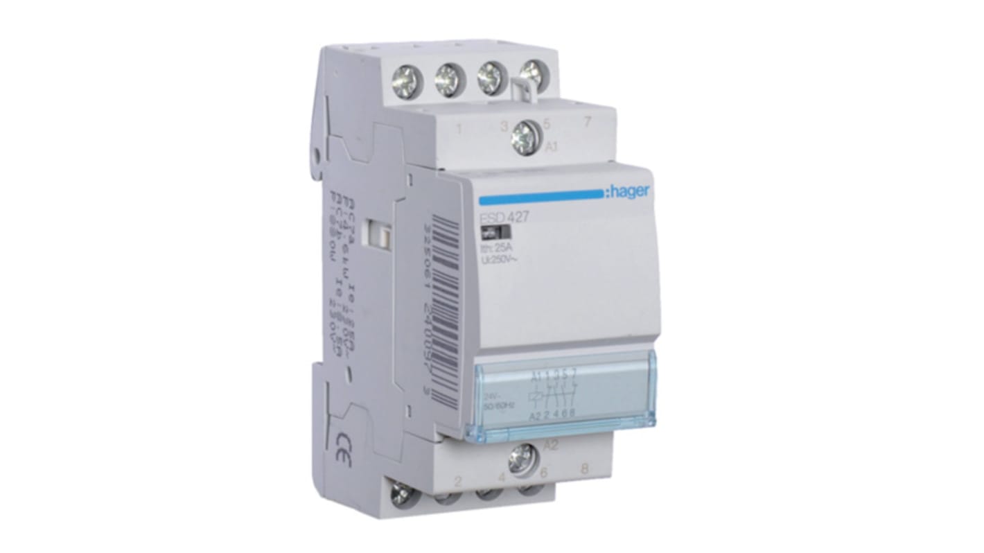 Contactor Hager System M Pro ESC de 4 polos, 2 NA + 2 NC, 25 A, bobina 24 V ac, 1,9 kW