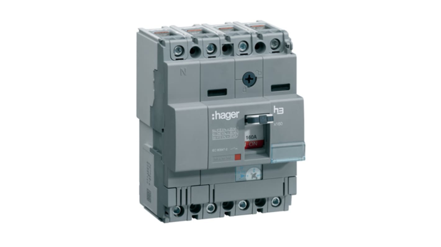 Hager MCCB 4P 160A, Breaking Capacity 25 kA, DIN Rail Mount