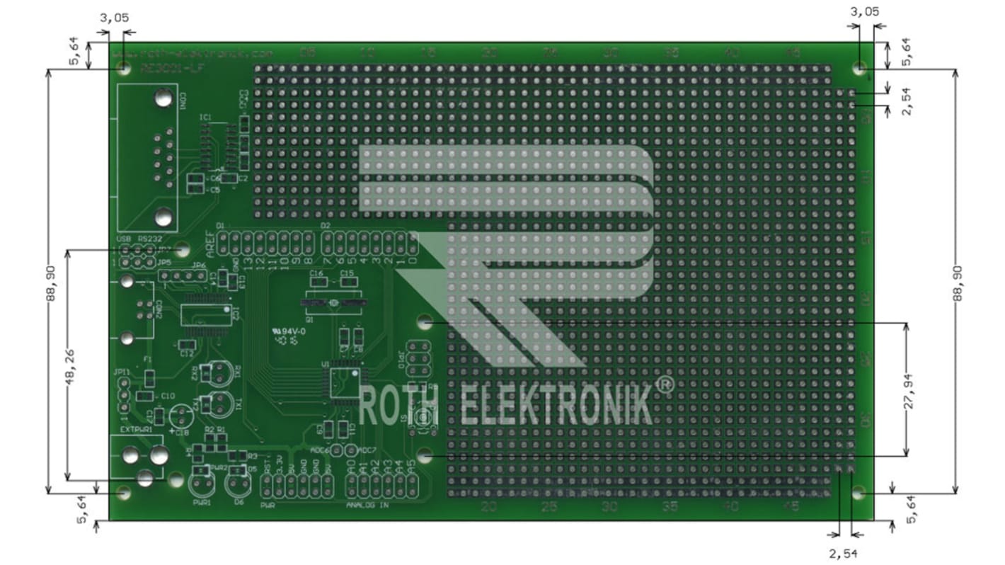 Roth Elektronik FR4Europlatine, Epoxid Glasfaser-Laminat 2, 160 x 100 x 1.5mm 35μm, PCB-Bohrung 1.1mm, Raster 2,54mm