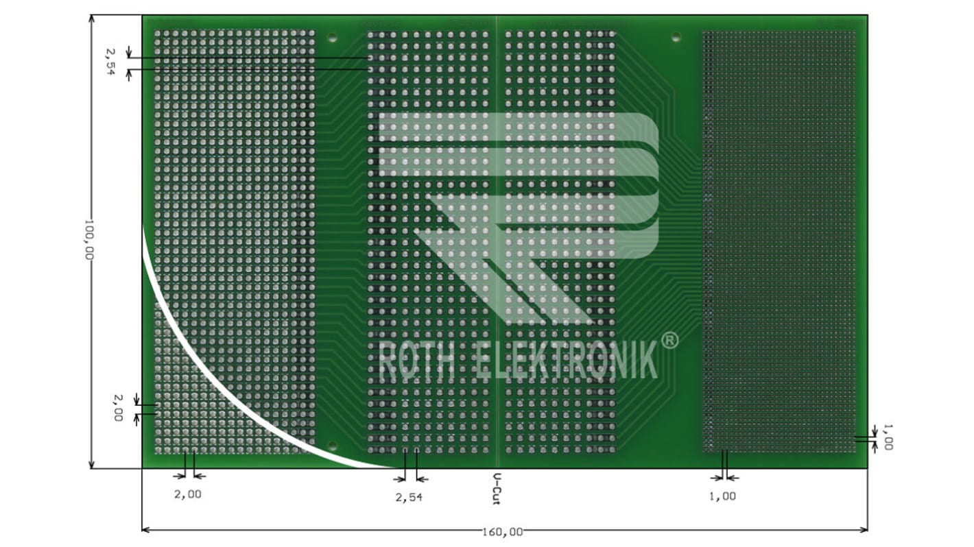 Roth Elektronik FR4 Europlatine, Epoxid Glasfaser-Laminat 2, 160 x 100 x 1.5mm 35μm, PCB-Bohrung 0.3mm, Raster 2,54mm