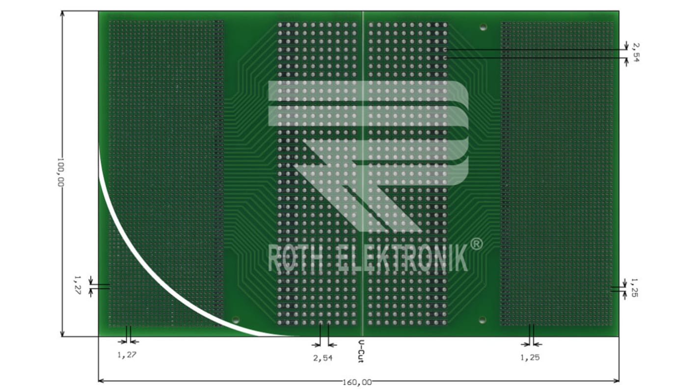 Roth Elektronik FR4Europlatine, Epoxid Glasfaser-Laminat 2, 160 x 100 x 1.5mm 35μm, PCB-Bohrung 0.3mm, Raster 1,27mm 25