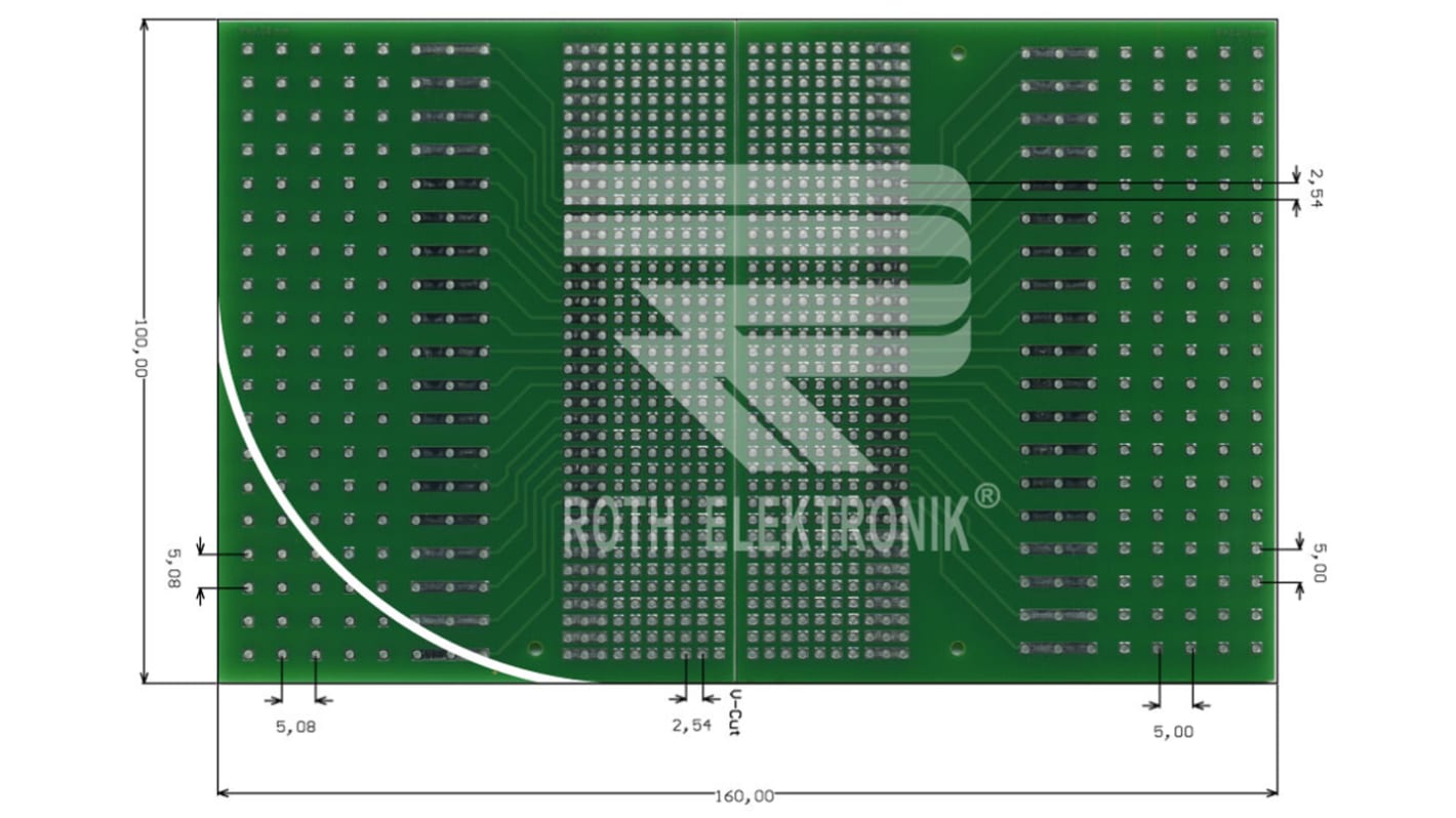 Eurocard RE640-LF, Doble Cara FR4 con 5 x 19, 7 x 37 1.1mm de orificio, 2.54 x 2.54mm de paso, 160 x 100 x 1.5mm