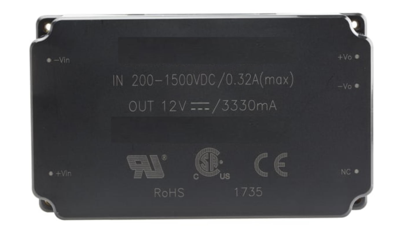 Przetwornica DC-DC, 40W, Uwe 200 → 1500 V DC, Uwy 12V dc, Iwy 3.33A, RS PRO