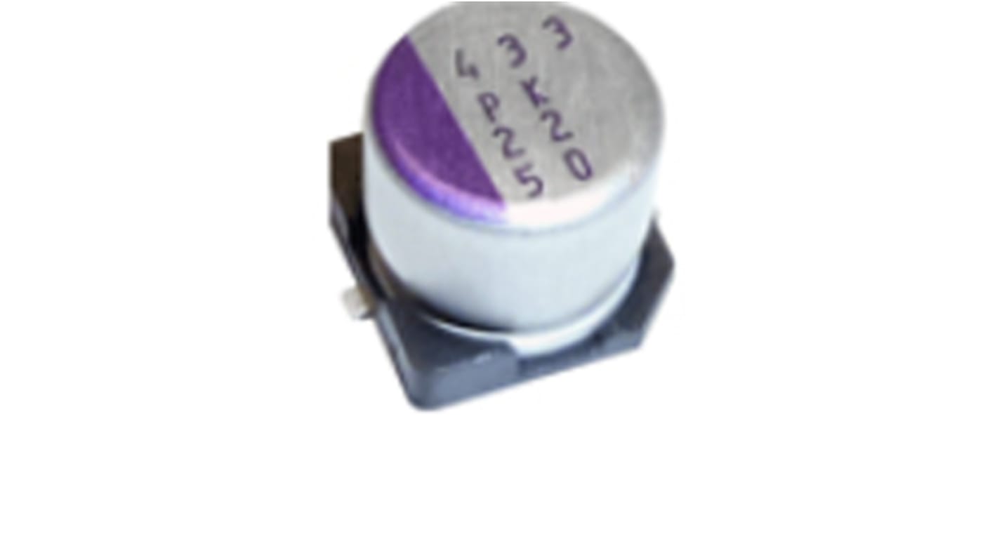 Condensador de polímero Panasonic SVPK, 33μF ±20%, 50V dc, Montaje en Superficie, paso 3.2mm, dim. 8.3 x 8.3 x 6.9mm