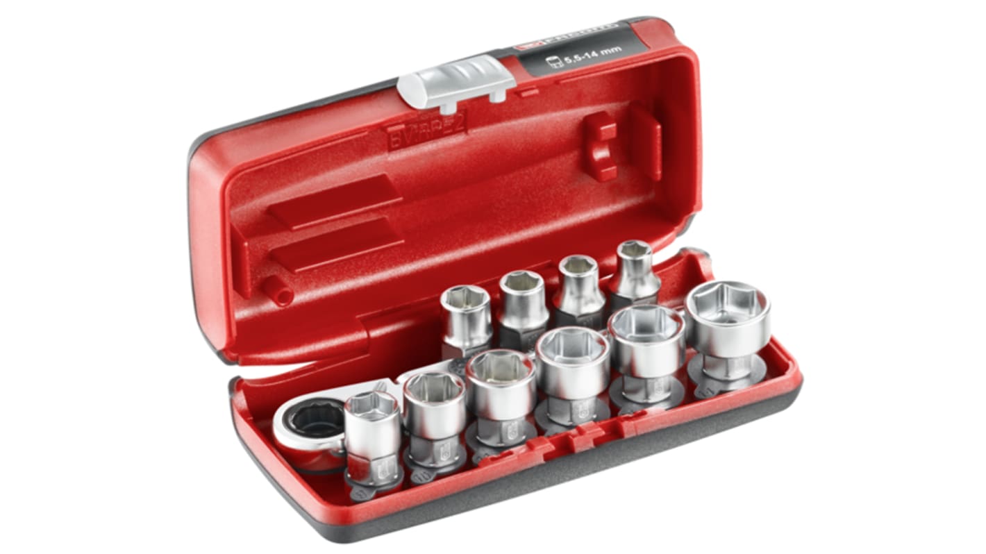 Facom 11-Piece Metric 1/4 in Standard Socket Set with Ratchet, 6 point