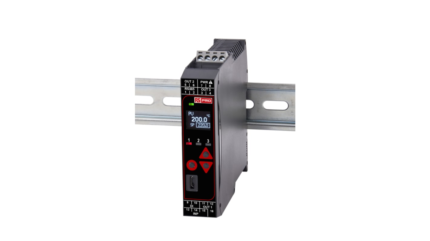 RS PRO DIN Rail PID Temperature Controller, 22.5 x 110mm 1 Input, 3 Output Relay, Relay-CO, SSR, 24 V ac/dc Supply