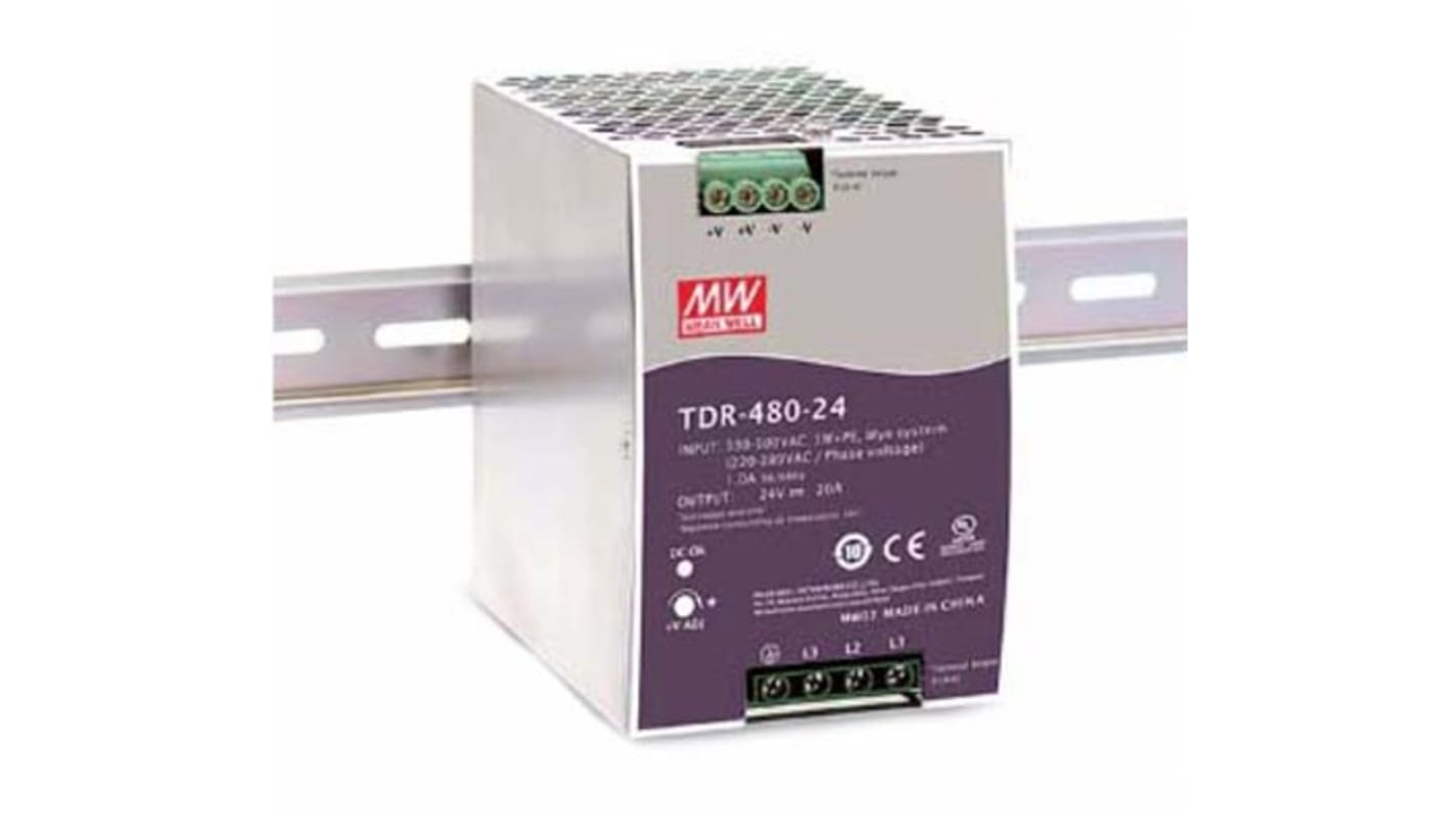 Alimentation pour rail DIN MEAN WELL, série TDR, 24V c.c.out 20A, 480W