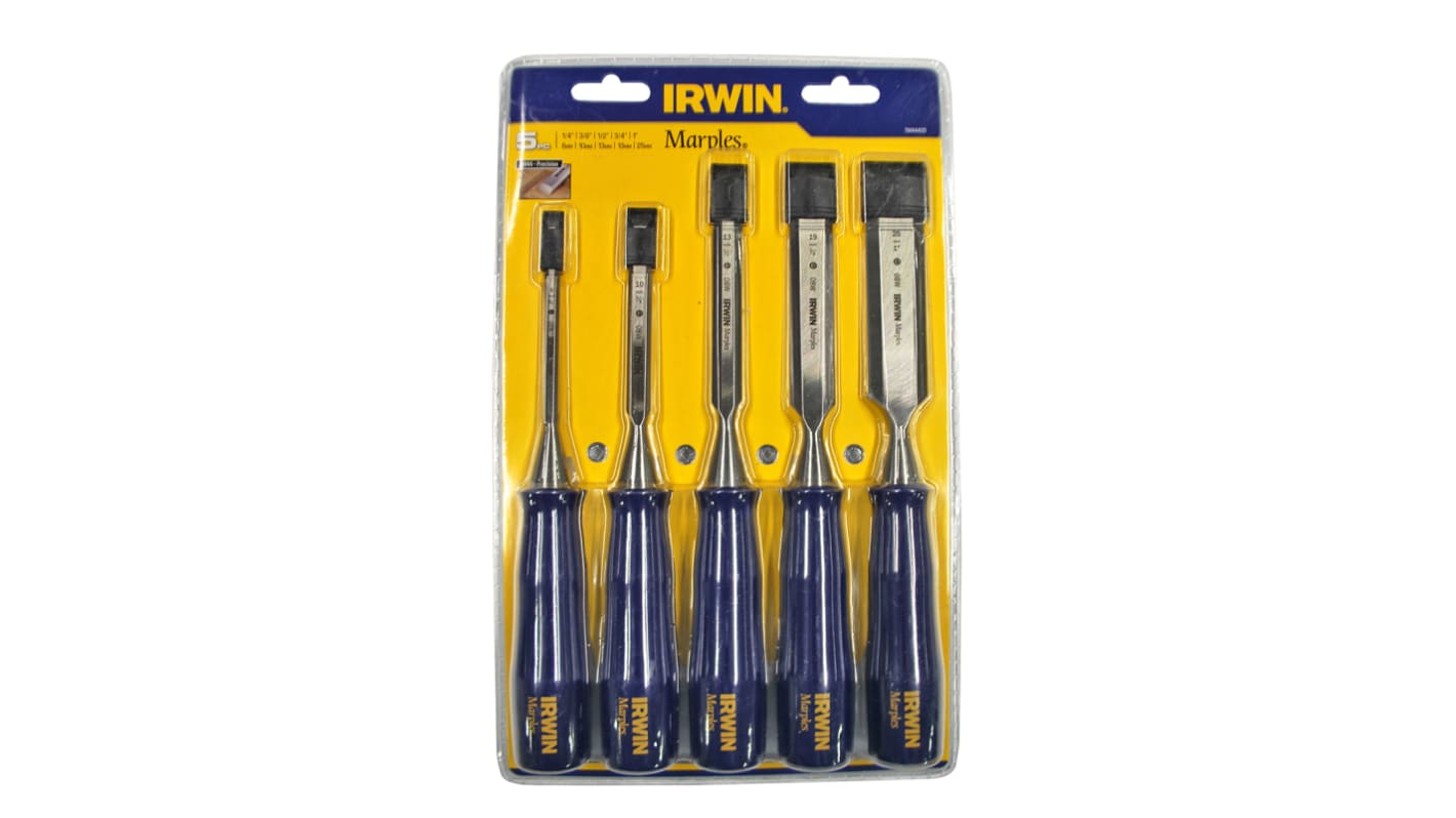 Irwin 5 Piece Steel Bevel Edge Chisel Set, 6.0 mm, 10 mm, 13 mm, 19 mm, 25 mm Blade Width