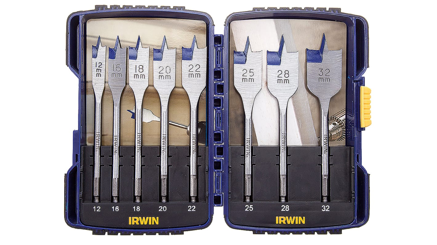 Irwin 8-Piece Flat Wood Drill Bit Set for Wood, 32mm Max, 12mm Min, Steel Bits