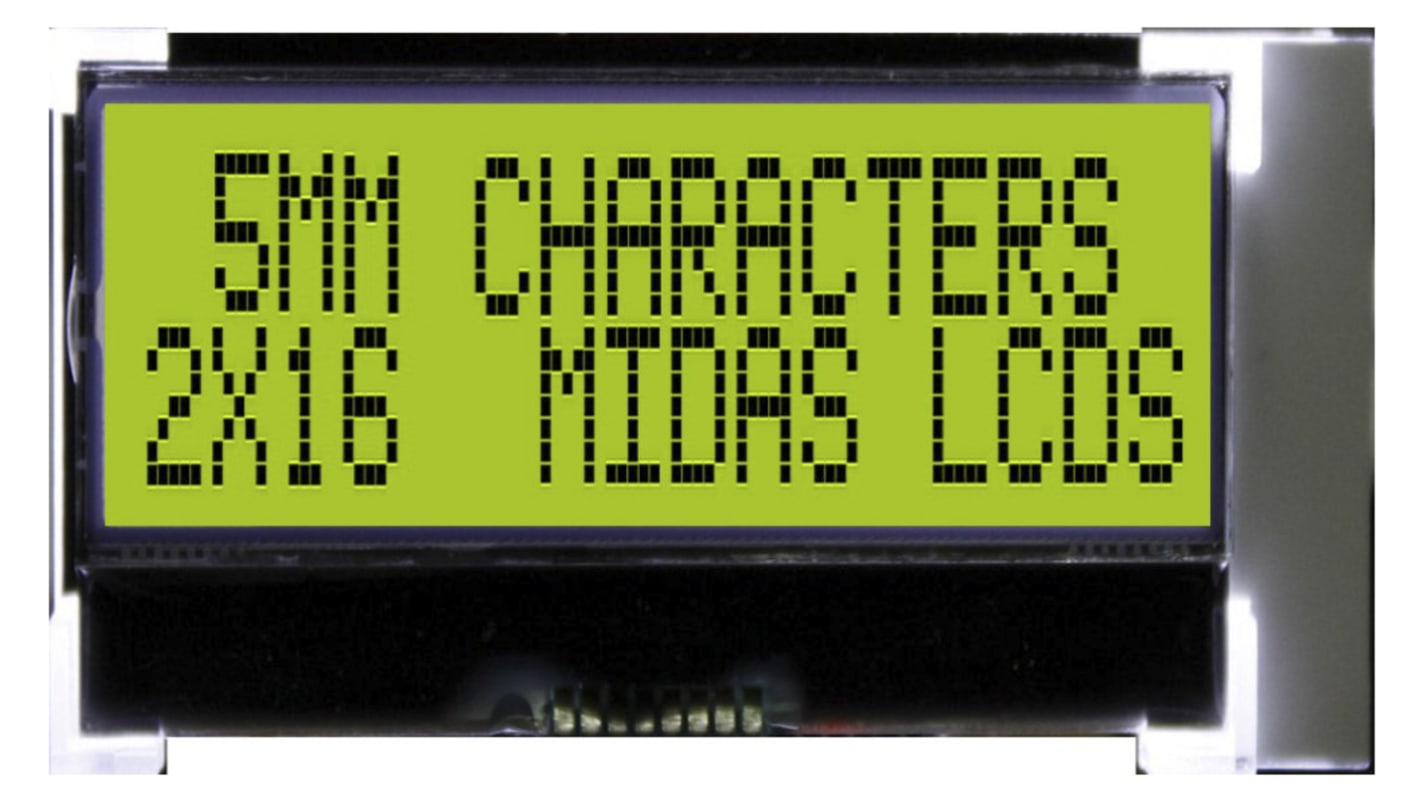 Midas MCCOG21605D6W-SPTLYI Alphanumeric LCD Display Yellow-Green, 2 Rows by 16 Characters, Transflective