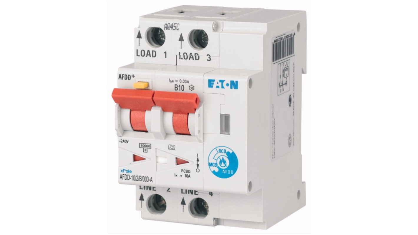 Eaton AFDD, 10A Current Rating, 2P Poles, 30mA Trip Sensitivity, Type B, AFDD+ Range