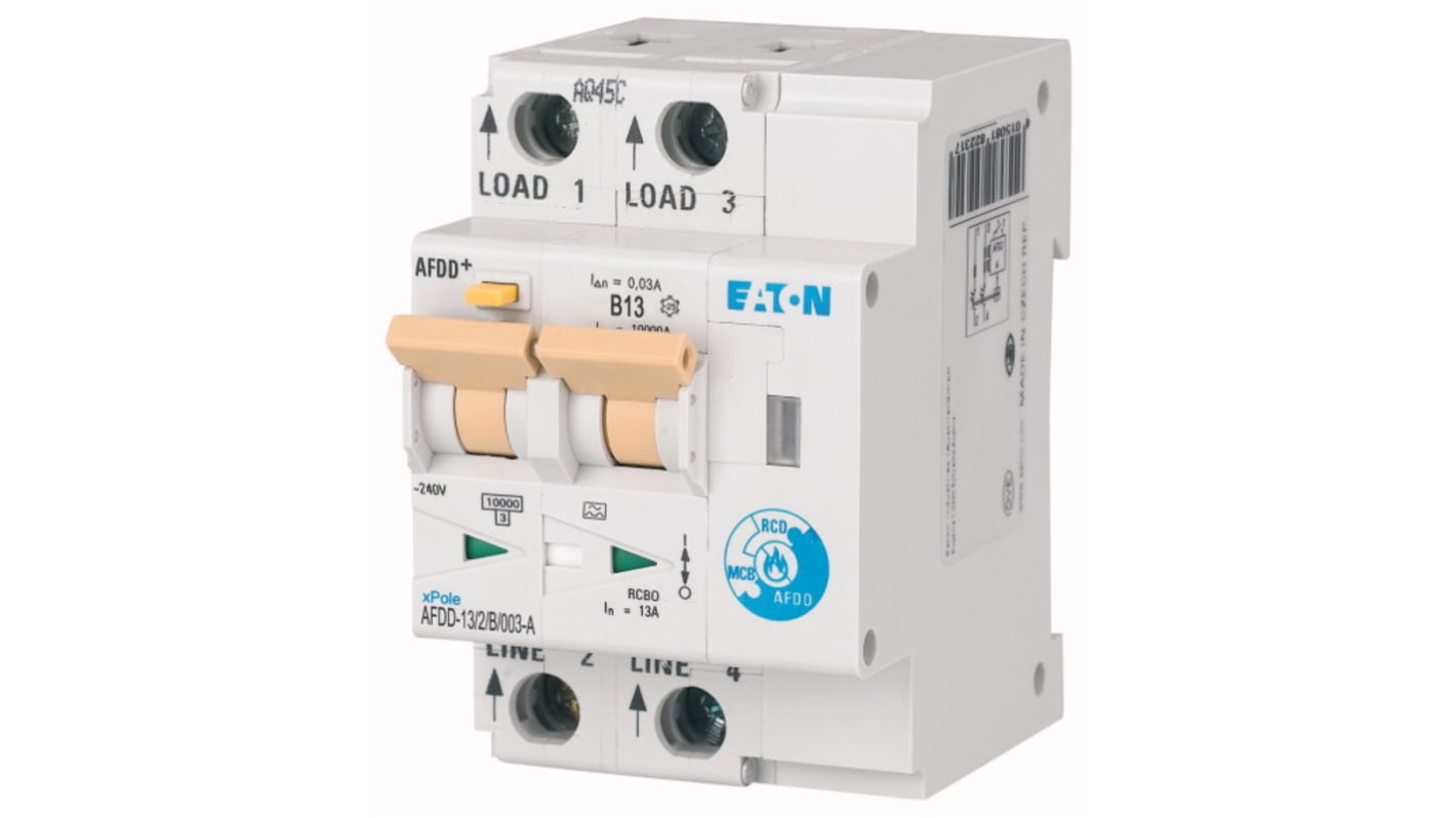 Eaton AFDD, 13A Current Rating, 2P Poles, 30mA Trip Sensitivity, Type B, AFDD+ Range