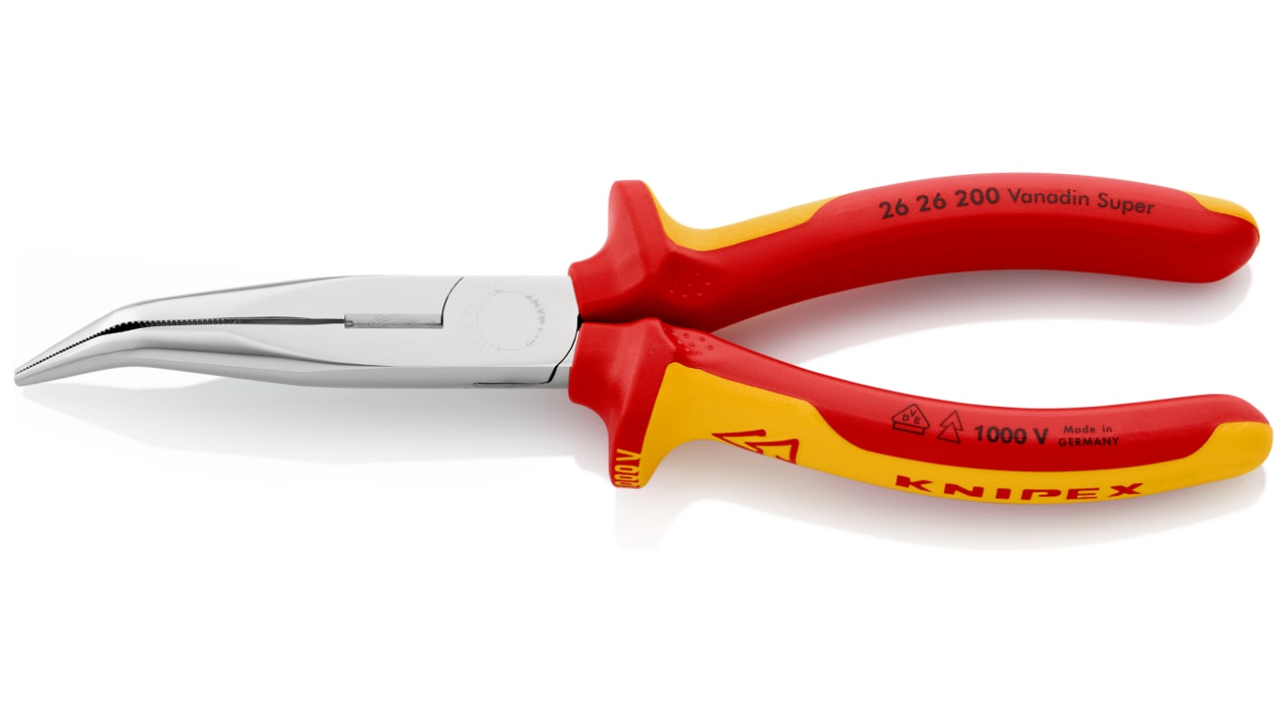26 26 200 Knipex Long Nose Pliers, 200 mm Overall, Angled Tip, VDE
