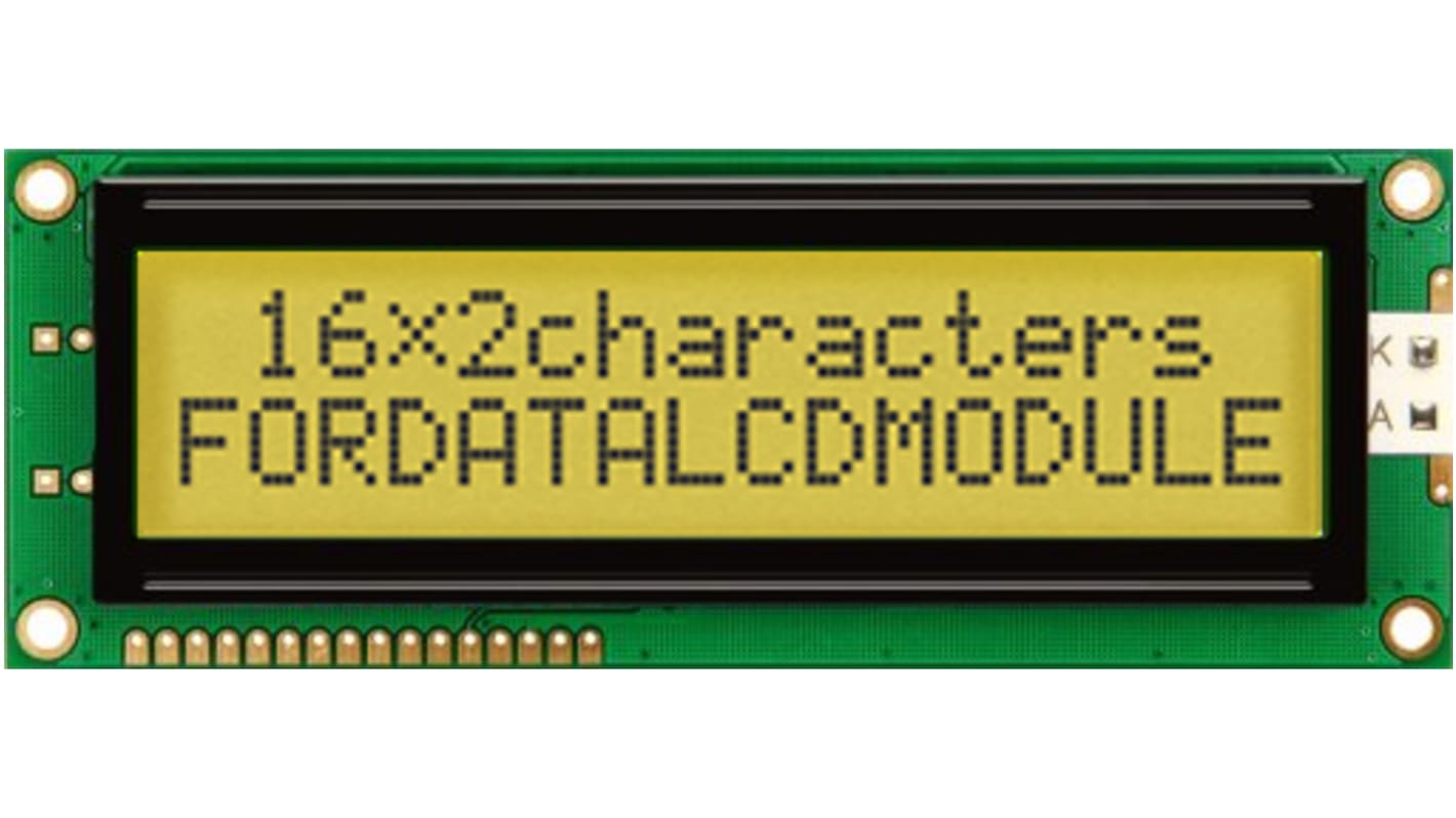 Fordata FC1602P00-FHYYBW-51SE FC LCD LCD Graphic Display, Green, Yellow on, 2 Rows by 16 Characters, Transflective