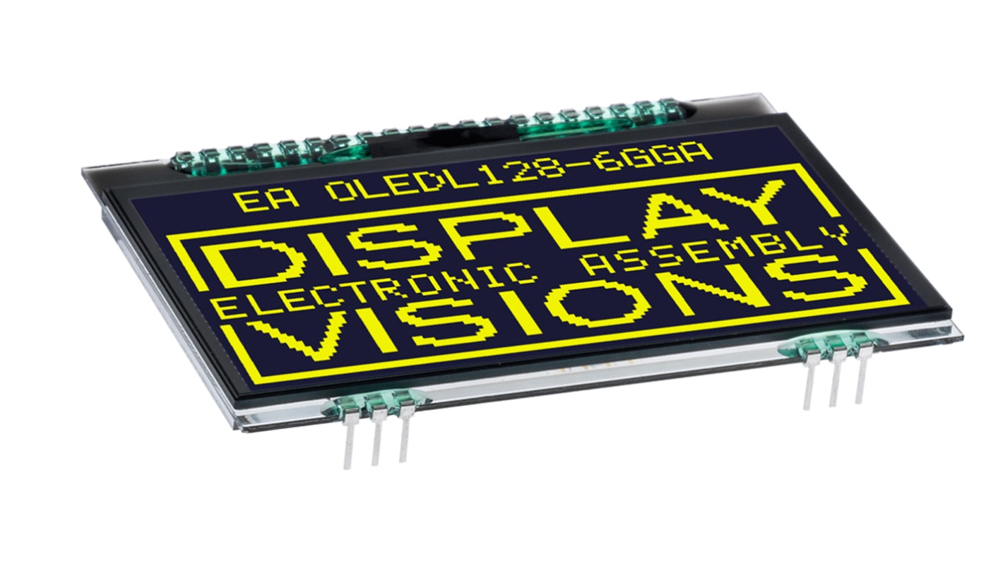 Pantalla OLED activa Display Visions EA de 2.9plg, res. 128 x 64pixels, Amarillo, interfaz I2C, SPI