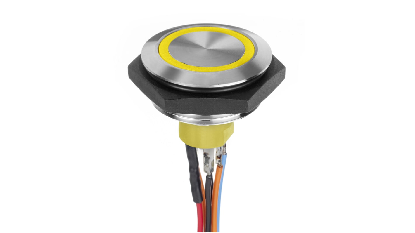 APEM Illuminated Vandal Proof Push Button Switch, Momentary, Panel Mount, 30.2mm Cutout, SPST, Yellow LED, 30V dc, IP67