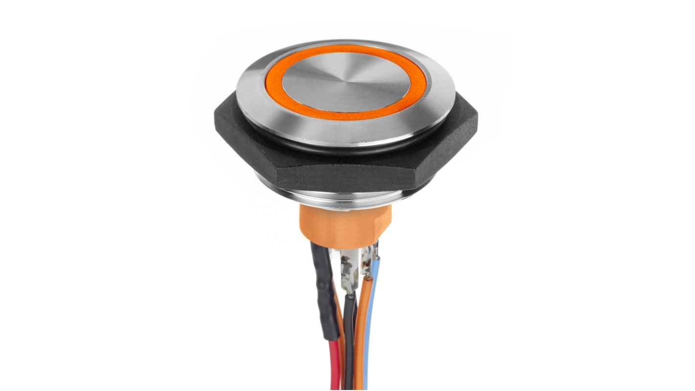 APEM Illuminated Vandal Proof Push Button Switch, Momentary, Panel Mount, 30.2mm Cutout, SPST, Amber LED, 30V dc, IP67