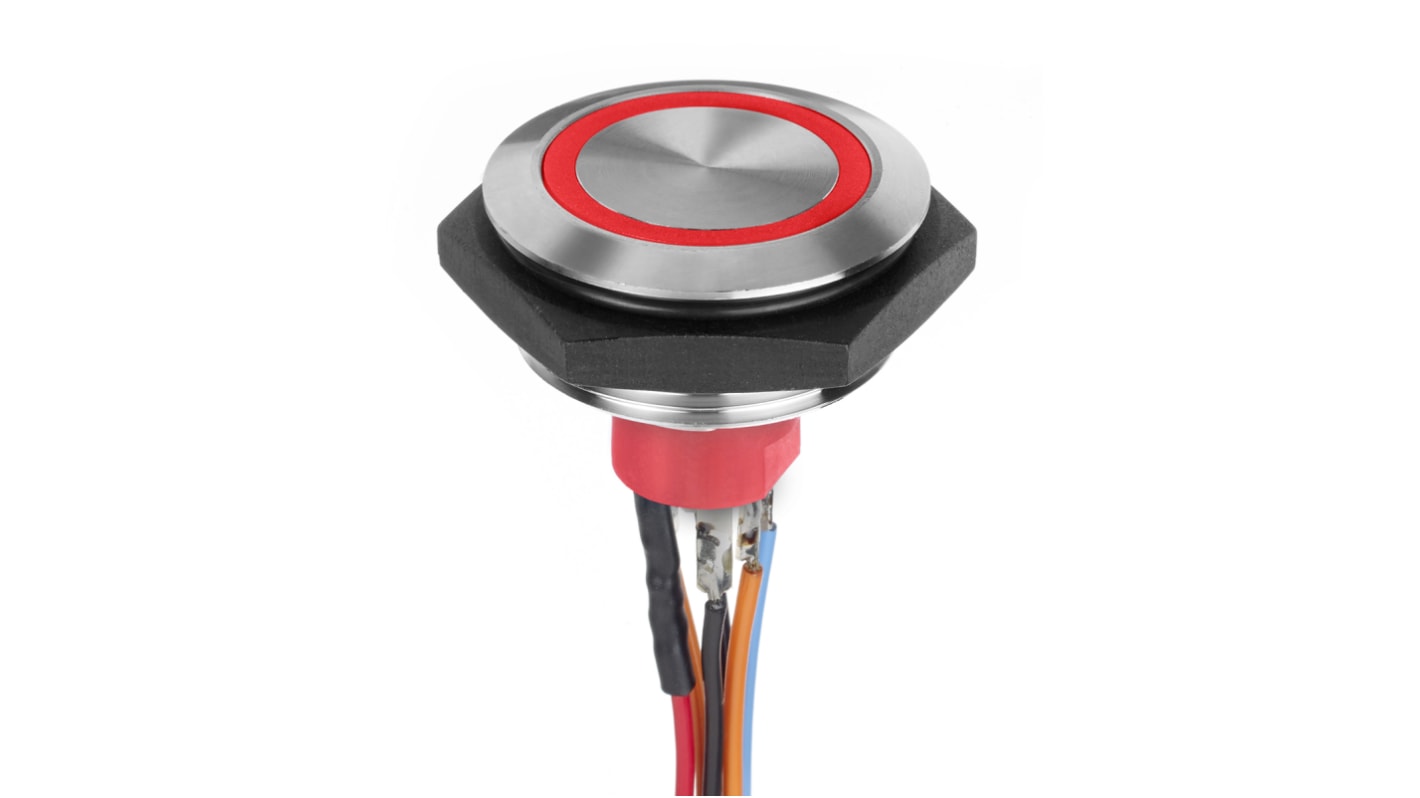 APEM Illuminated Vandal Proof Push Button Switch, Momentary, Panel Mount, 30.2mm Cutout, SPST, Red LED, 30V dc, IP67