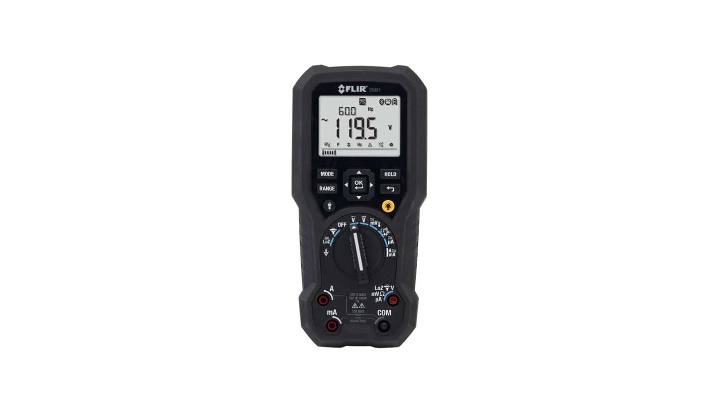 FLIR DM91 Handheld Digital Multimeter, True RMS, 10A ac Max, 10A dc Max, 1000V ac Max - RS Calibrated