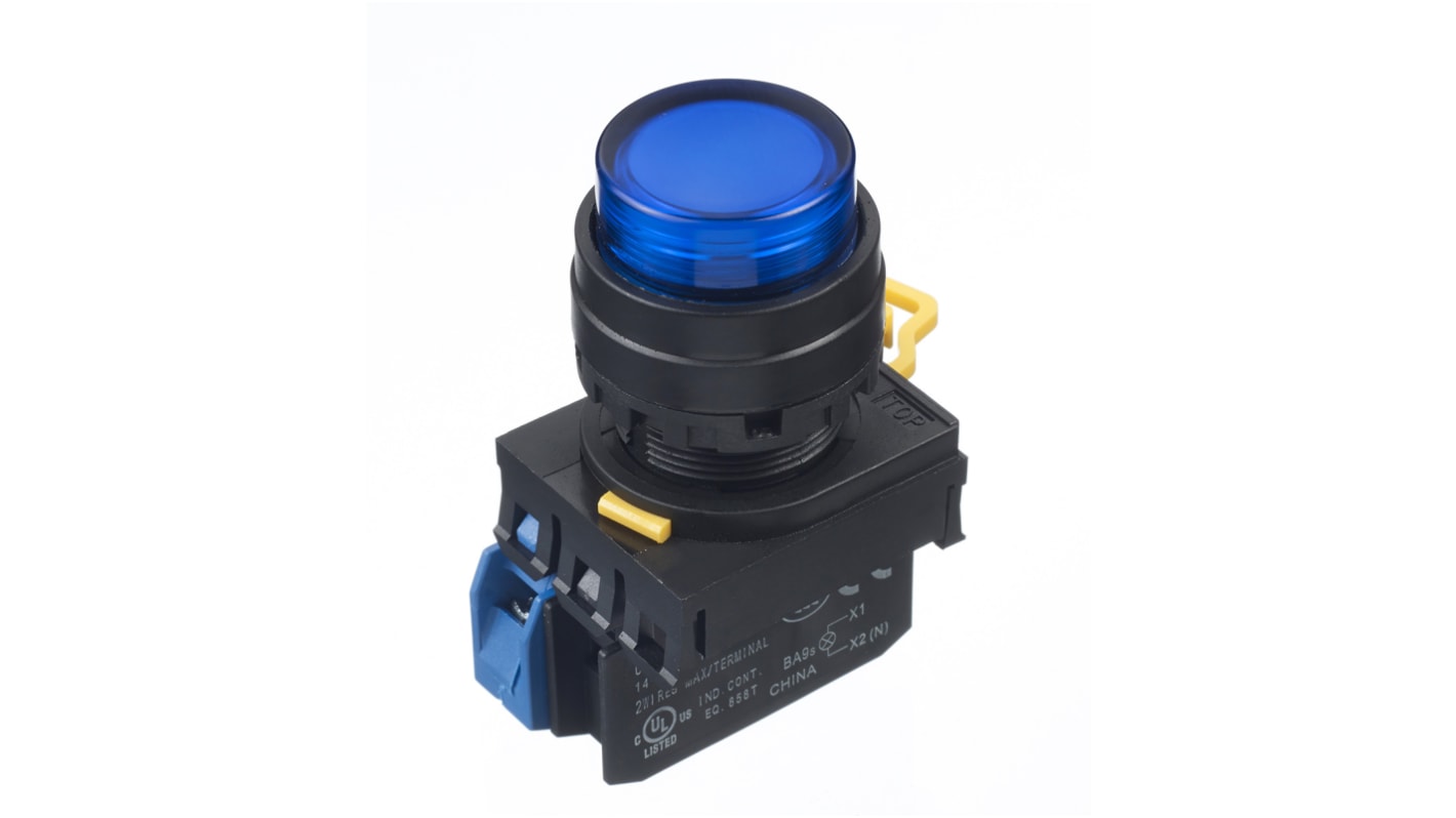 Unidad completa de botón pulsador Idec YW, color de botón Azul, SPST, Montaje en Panel, IP65, iluminado