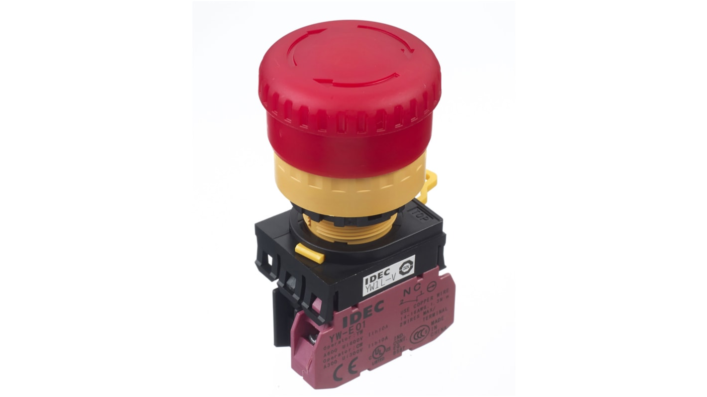 Idec YW Series Twist Release Illuminated Emergency Stop Push Button, Panel Mount, 22mm Cutout, 1NC, IP65