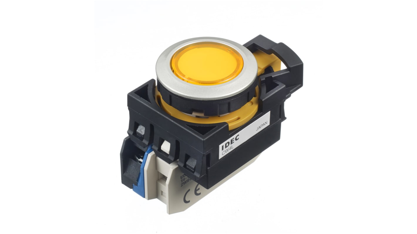 Pulsador Idec CW, color de botón Amarillo, SPST, Montaje en Panel, IP65, iluminado