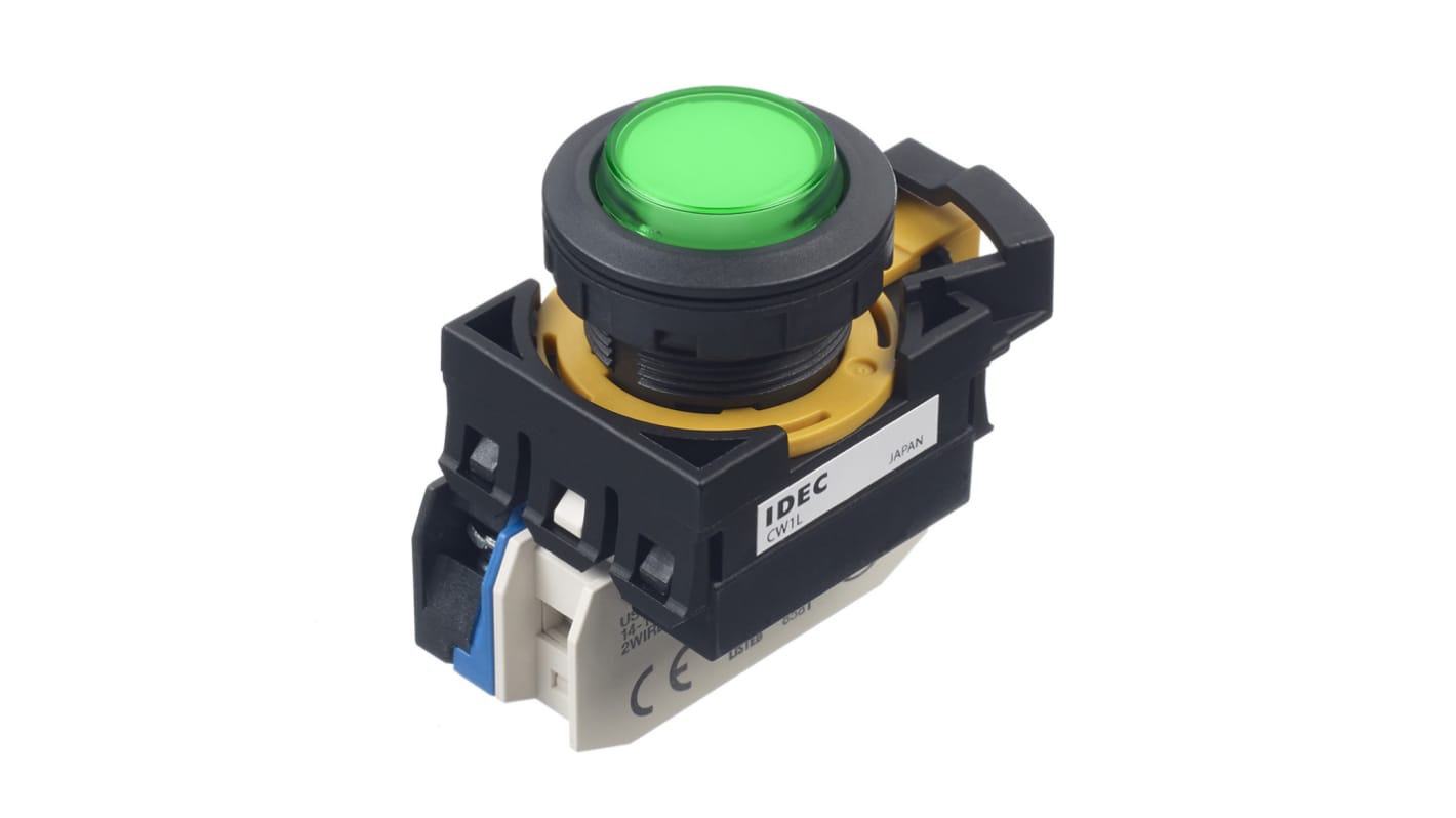 Pulsador Idec CW, color de botón Verde, SPST, Montaje en Panel, IP65, iluminado