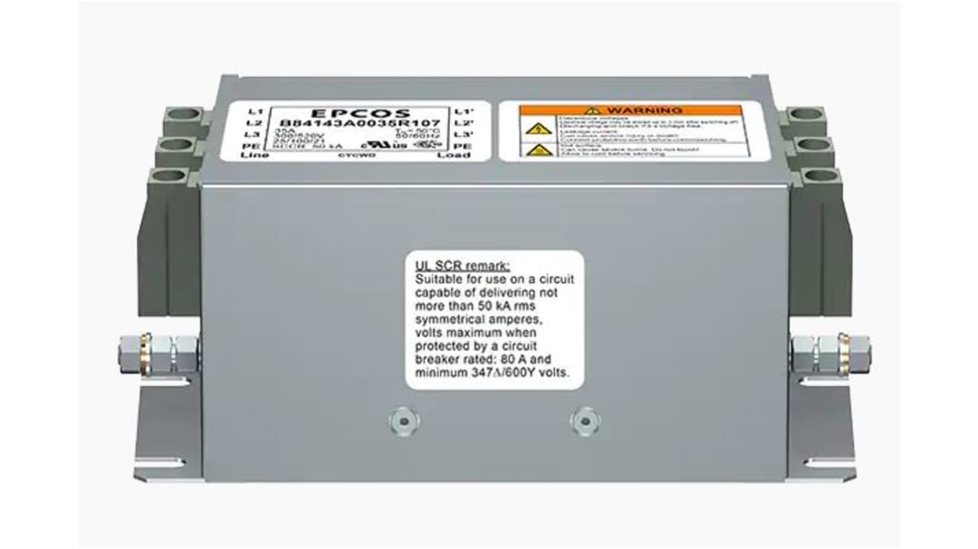 EPCOS B84143A*R107 Serien EMC filter, Panelmontering, 50A, 520 V ac, 50 → 60Hz, Terminering: Skrue, Antal faser: