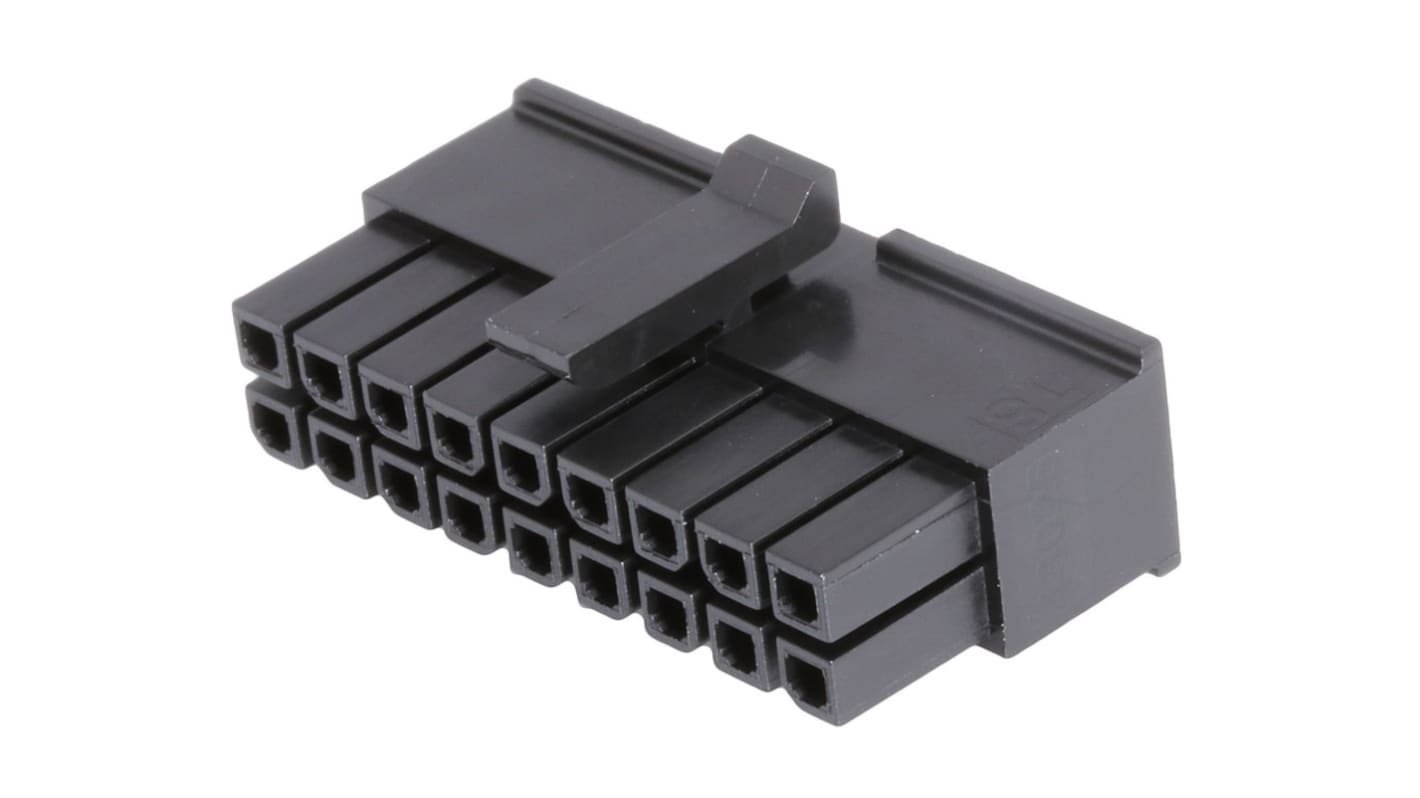 Carcasa de conector Molex 43025-1800, Serie Micro-Fit 3.0, paso: 3mm, 18 contactos, 2 filas, Recto, Hembra, Montaje de