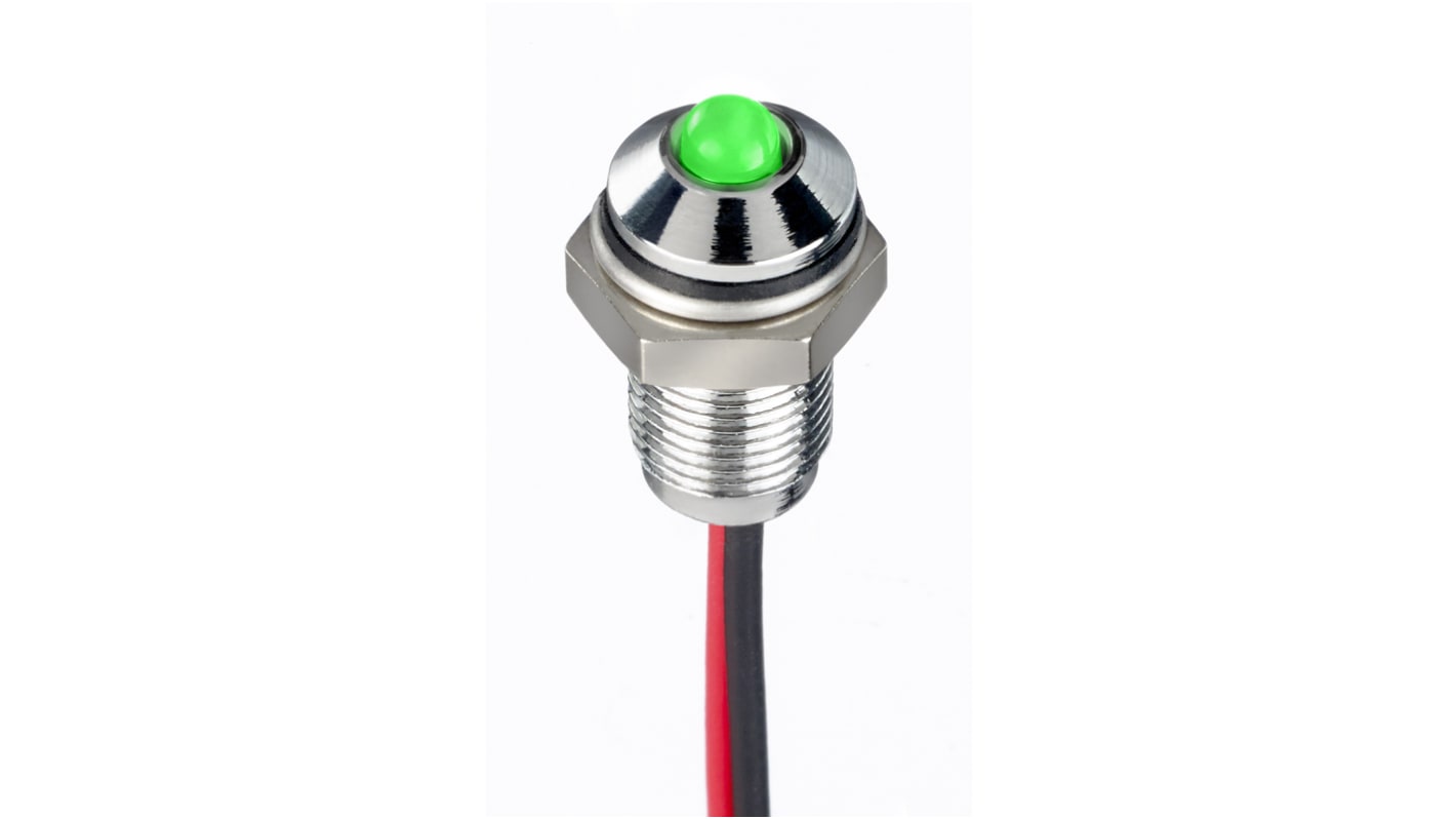 RS PRO Green Panel Mount Indicator, 1.8 → 3.3V dc, 6mm Mounting Hole Size, Lead Wires Termination, IP67