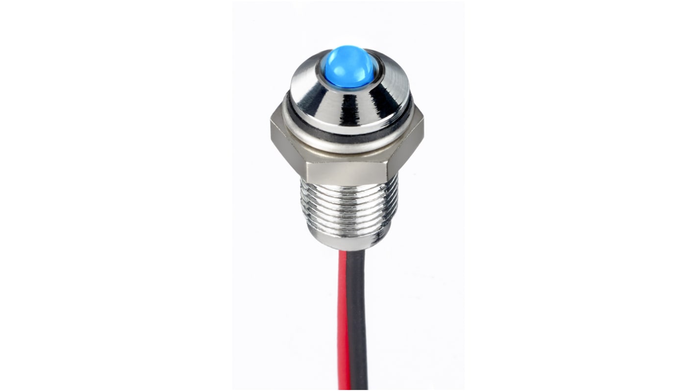 RS PRO Blue Panel Mount Indicator, 10.8 → 13.2V dc, 6mm Mounting Hole Size, Lead Wires Termination, IP67