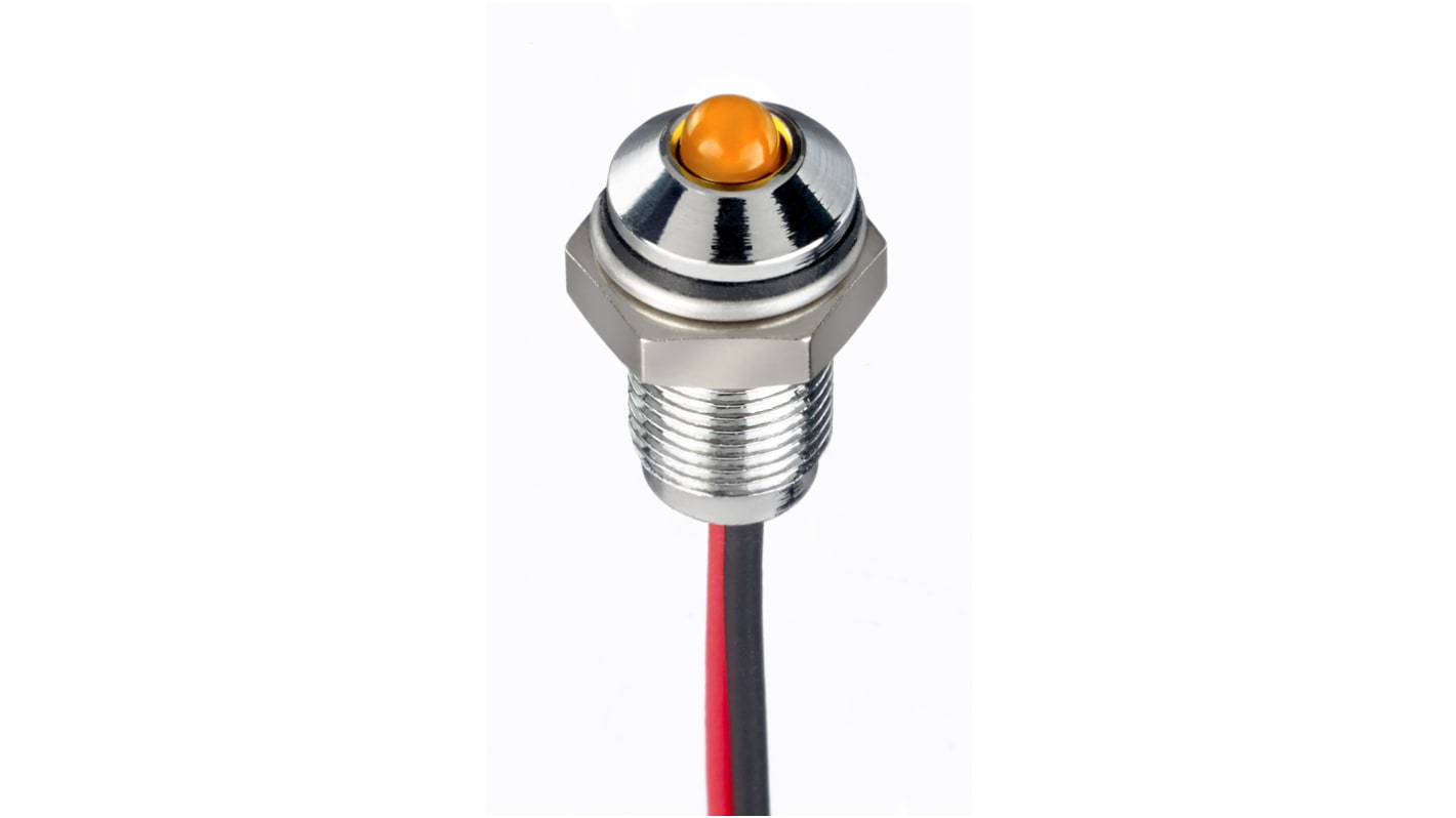 Indicador LED RS PRO, Naranja, lente prominente, marco Cromo, Ø montaje 6mm, 10.8 → 13.2V dc, 20mA, 4500mcd, IP67