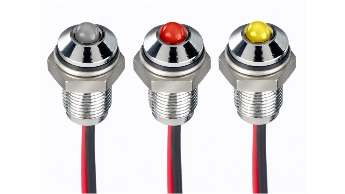 RS PRO Green, Red Panel Mount Indicator, 21.6 → 26.4V dc, 6mm Mounting Hole Size, Lead Wires Termination, IP67