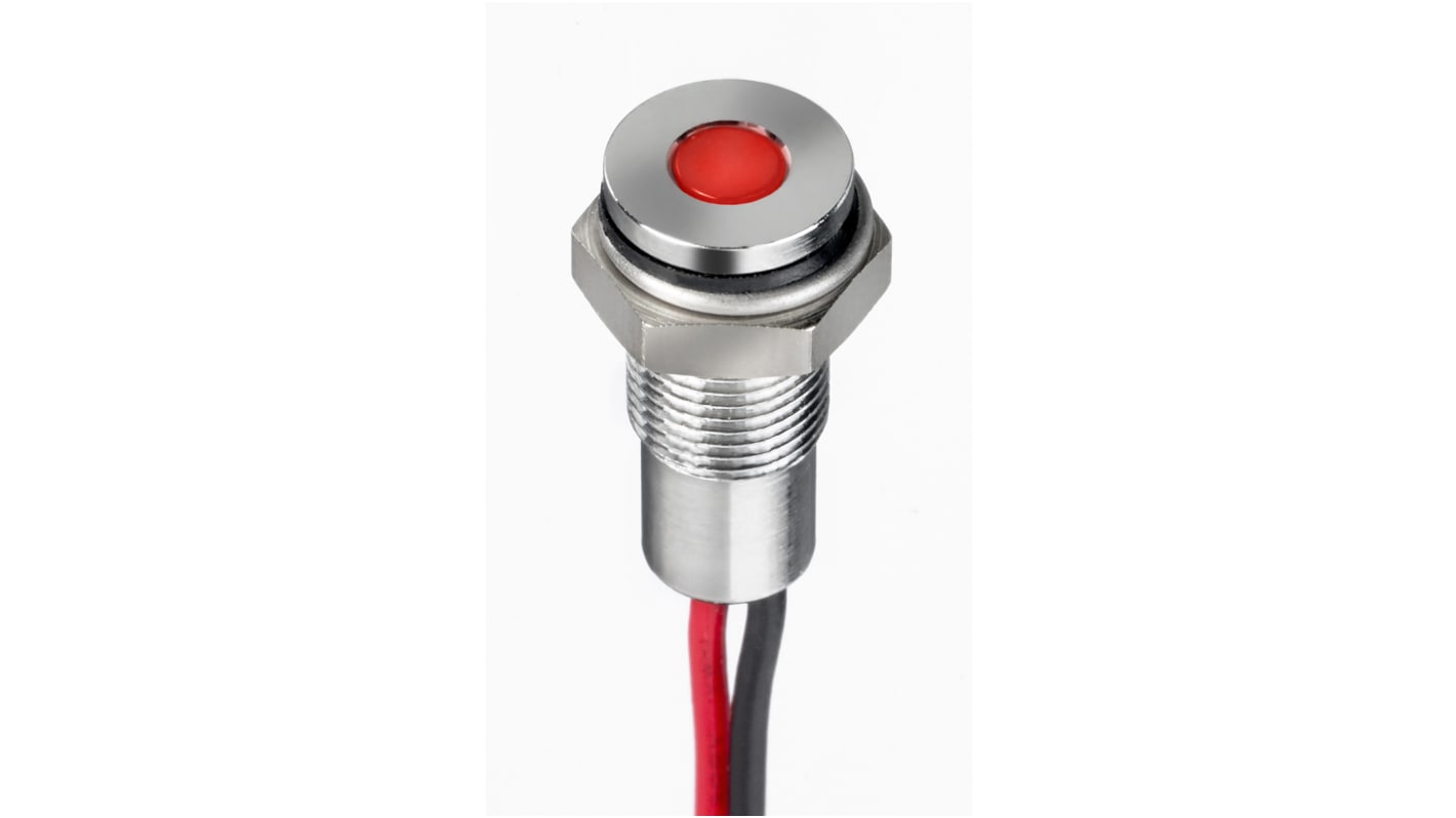 Indicador LED RS PRO, Rojo, lente enrasada, marco Cromo, Ø montaje 6mm, 10.8 → 13.2V dc, 20mA, 600mcd, IP67