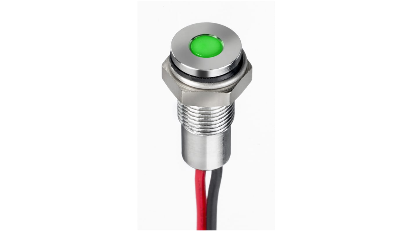 RS PRO Green Panel Mount Indicator, 10.8 → 13.2V dc, 6mm Mounting Hole Size, Lead Wires Termination, IP67