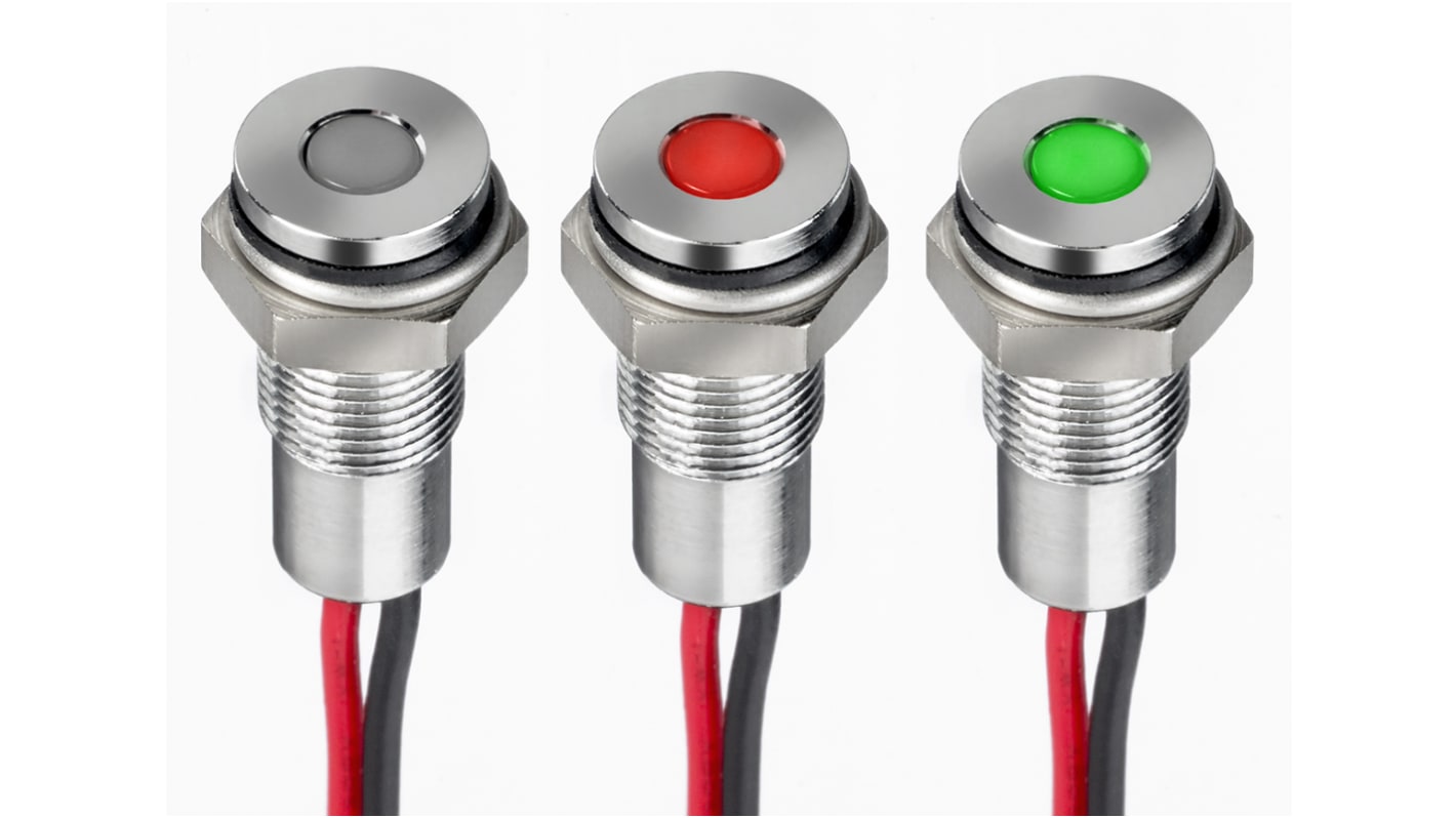 RS PRO Green, Red Panel Mount Indicator, 10.8 → 13.2V dc, 6mm Mounting Hole Size, Lead Wires Termination, IP67