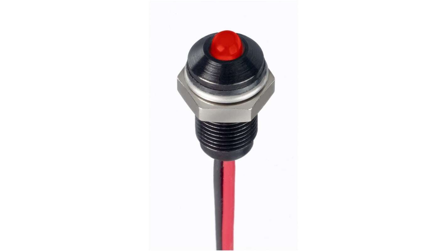 RS PRO Red Panel Mount Indicator, 10.8 → 13.2V dc, 6mm Mounting Hole Size, Lead Wires Termination, IP67