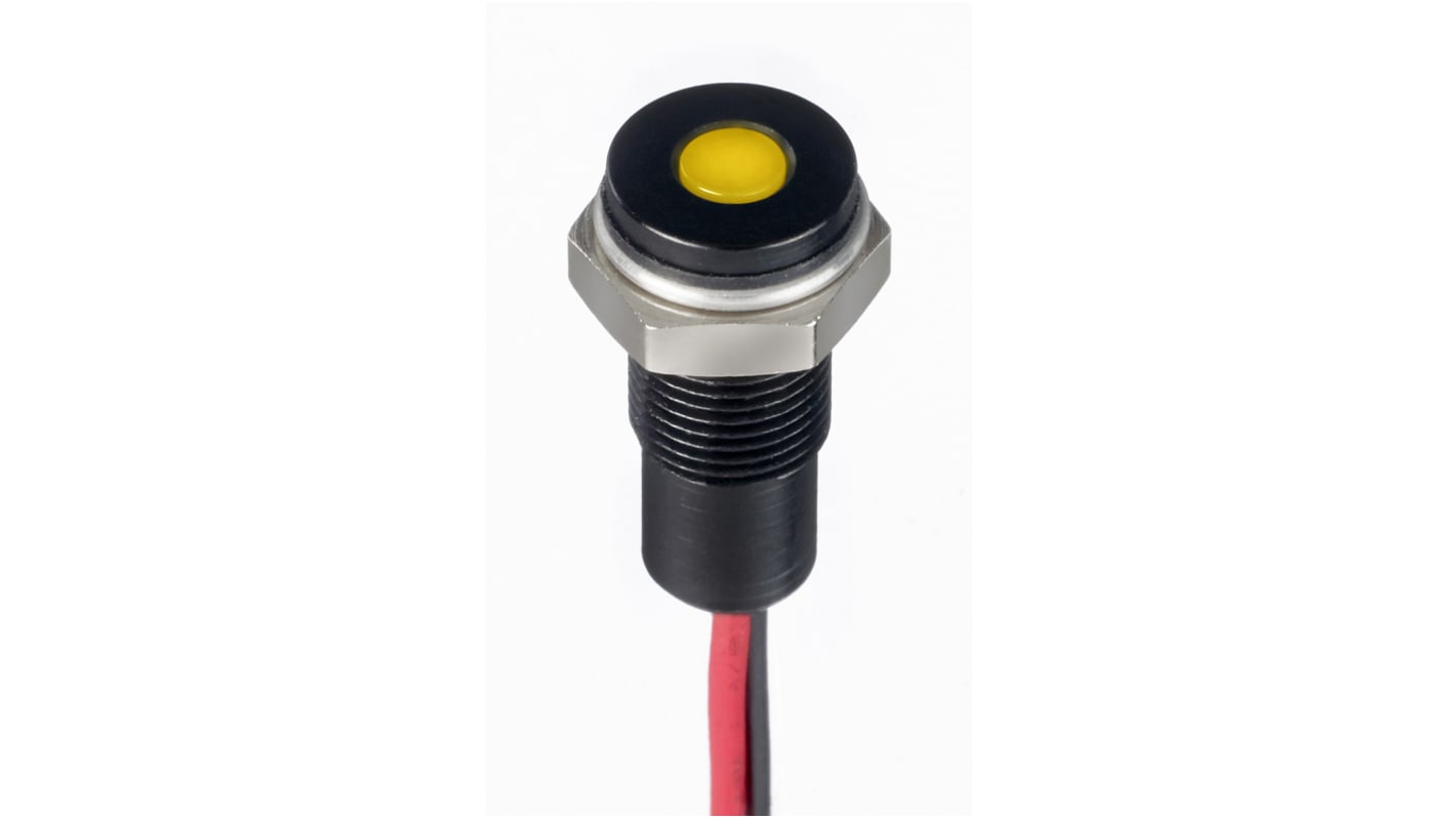 RS PRO Yellow Panel Mount Indicator, 10.8 → 13.2V dc, 6mm Mounting Hole Size, Lead Wires Termination, IP67