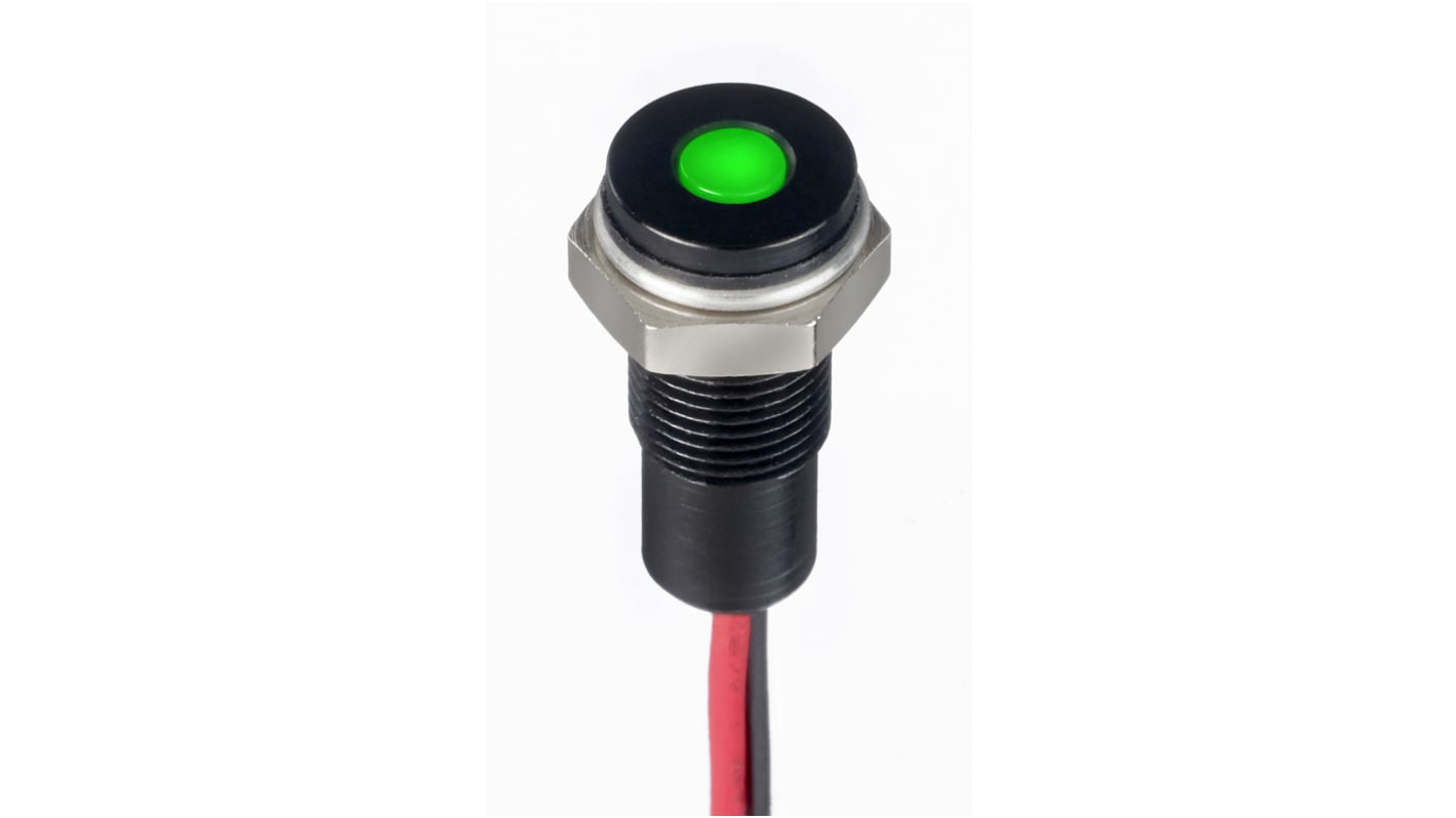 Indicador LED RS PRO, Verde, lente enrasada, Ø montaje 6mm, 21.6 → 26.4V dc, 20mA, 350mcd, IP67