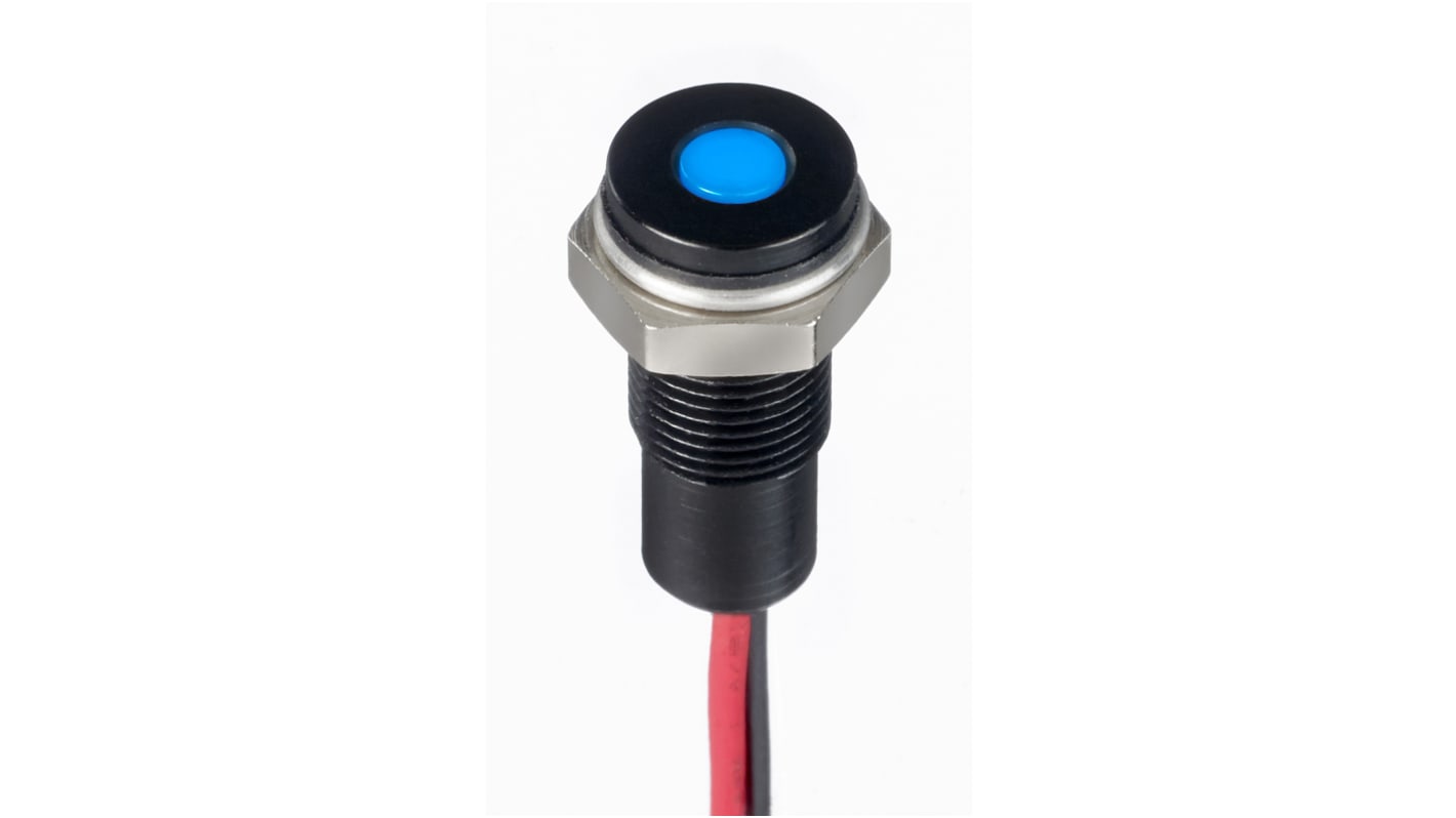 Indicador LED RS PRO, Azul, lente enrasada, Ø montaje 6mm, 21.6 → 26.4V dc, 20mA, 100mcd, IP67