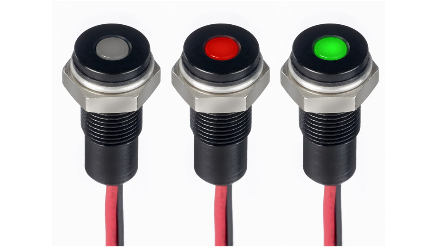 RS PRO Green, Red Panel Mount Indicator, 21.6 → 26.4V dc, 6mm Mounting Hole Size, Lead Wires Termination, IP67