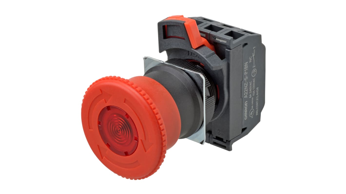 Omron A22NE-P Series Twist Release Illuminated Emergency Stop Push Button, Panel Mount, 22mm Cutout, 2NC, IP65