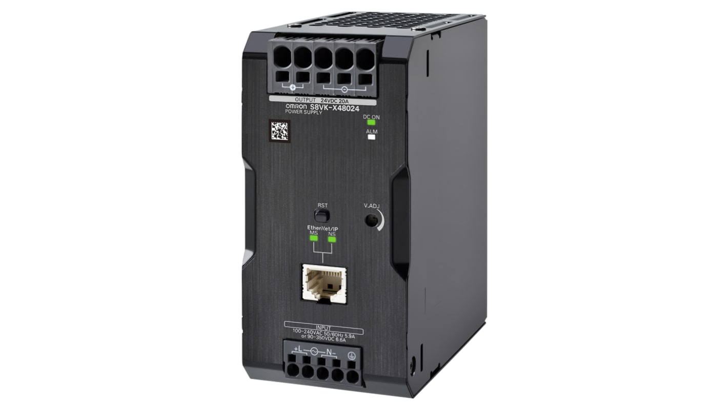 Omron DINレール取付け用スイッチング電源, S8VK-X48024-EIP, 出力：20A, 定格：480W 入力電圧：ac 出力電圧：dc 24V dc/