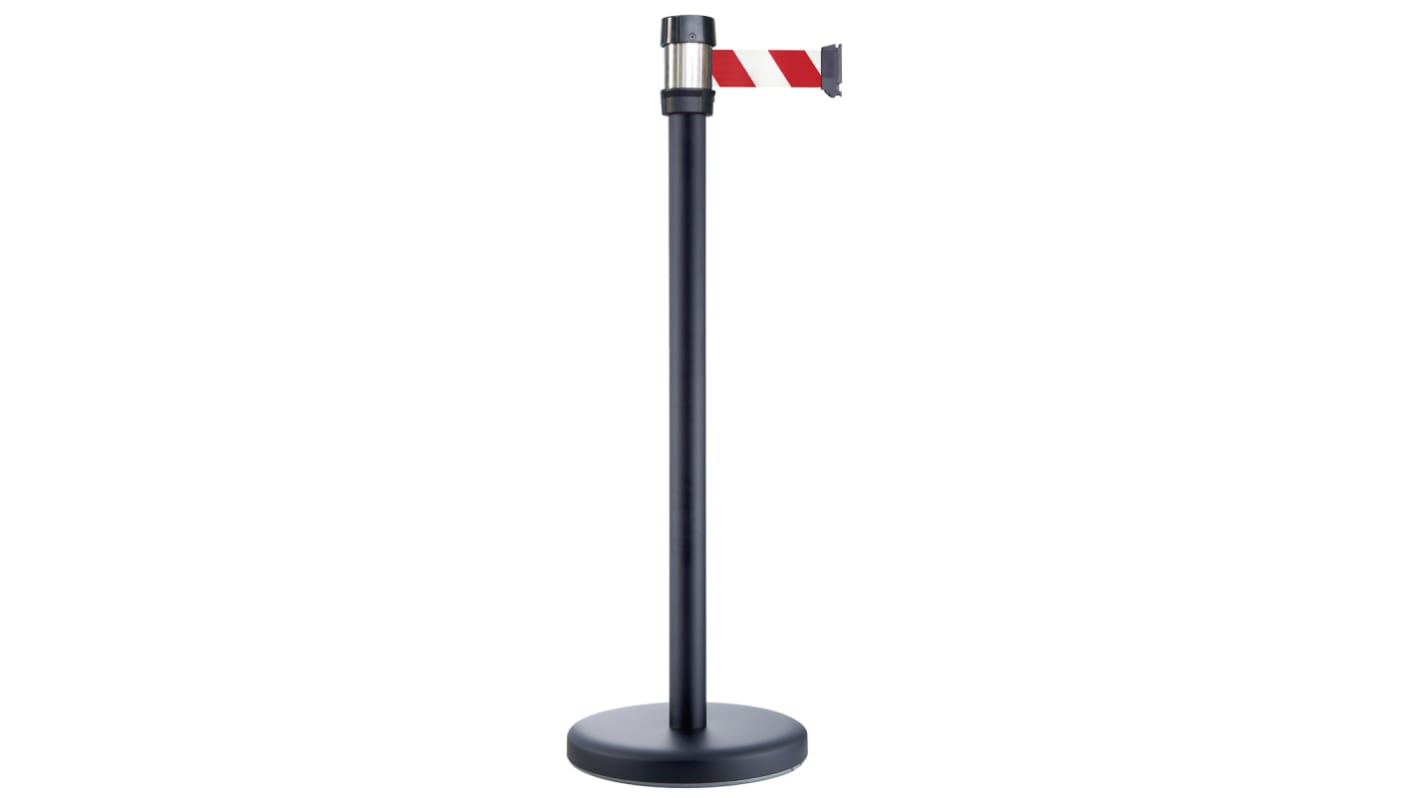 RS PRO Black Steel Retractable Barrier, 2m, Red, White Tape