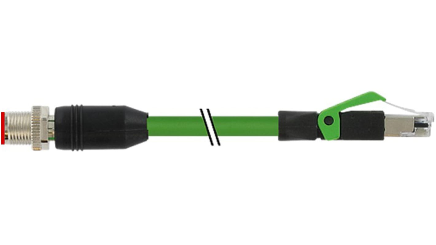 RS PRO Straight Male M12 to Straight Male RJ45 Ethernet Cable, Green PUR Sheath, 2m, Flame Retardant