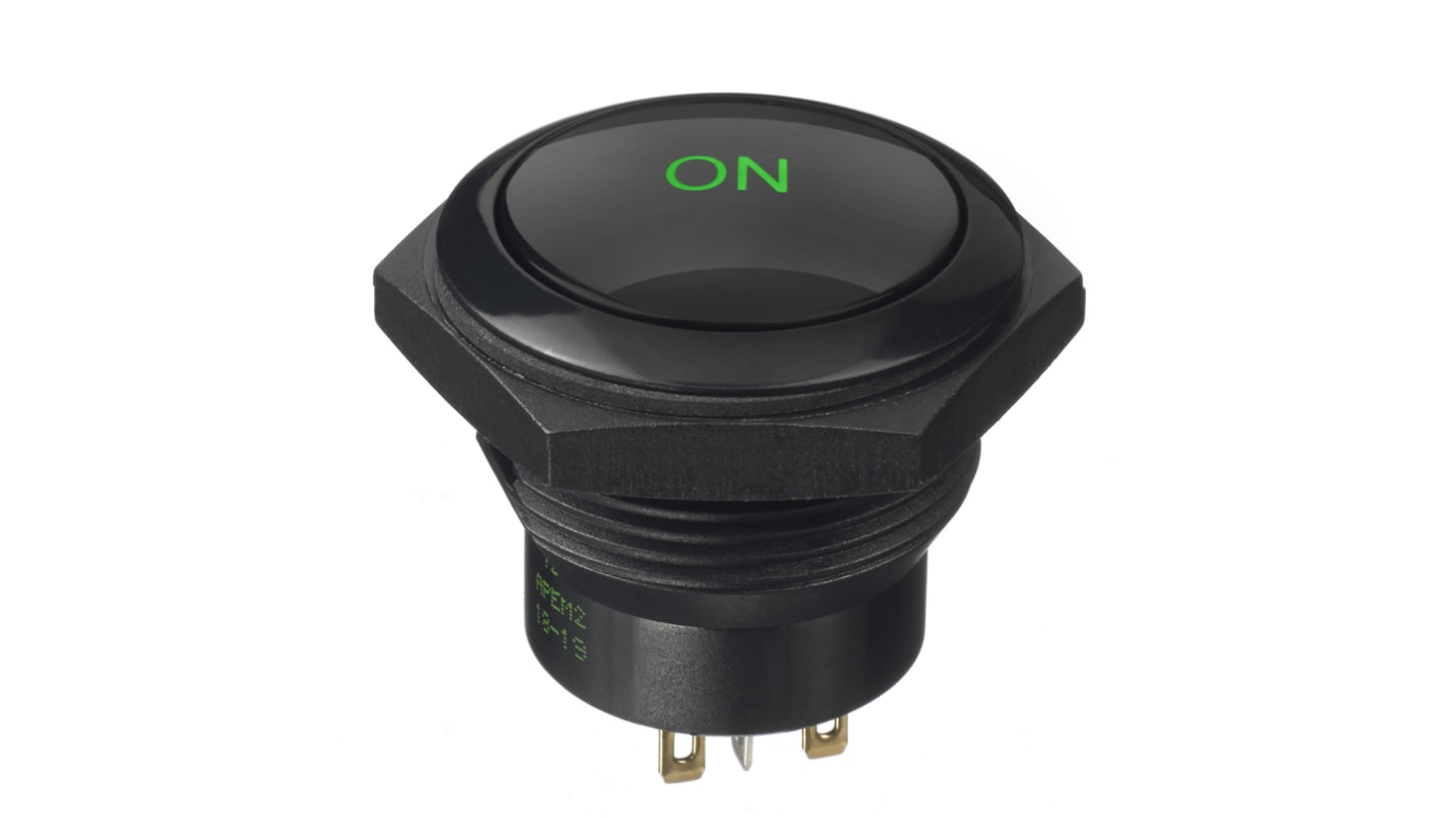 APEM Illuminated Push Button Switch, Momentary, Panel Mount, 30mm Cutout, DPDT, Green LED, 12V dc